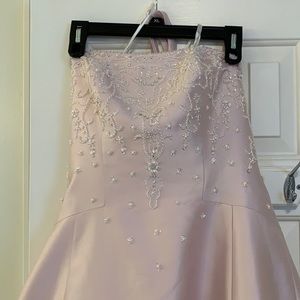 Light pink beaded wedding dress. Corset back train. David’s bridal Strapless.